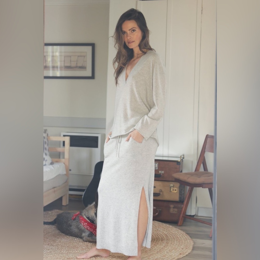 Oats cashmere 100 % Cashmere Grint Maxi Skirt Long Side Slit In pebble Grey (XS)